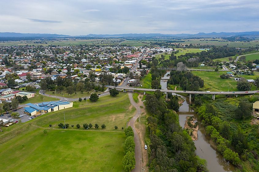 Aerial view of the township of Singleton in the Hunter Valley in regional New South Wales in Australia