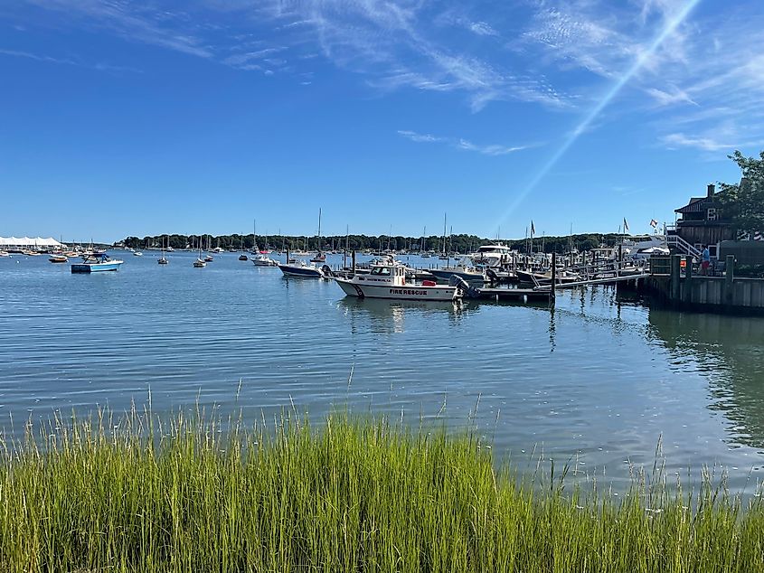 ooking across the bay at the docked boats on Shelter Island. In