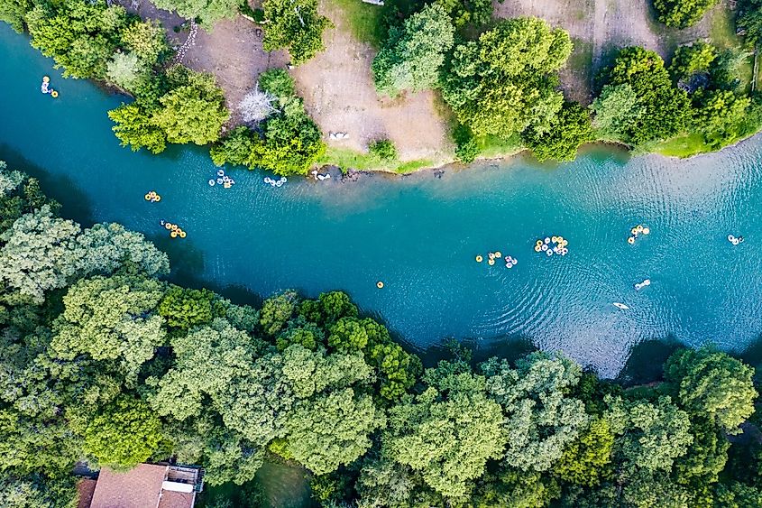 Overlooking rafters on the Guadalupe River in New Braunfels, Texas.