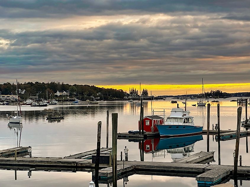 Boats in the marina during a moody sunset, Boothbay Harbor, Maine