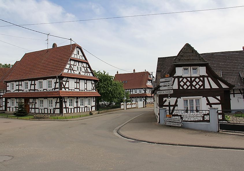 Traditional half-timbered Alsatian white houses in the village of Hunspach, Alsace, France