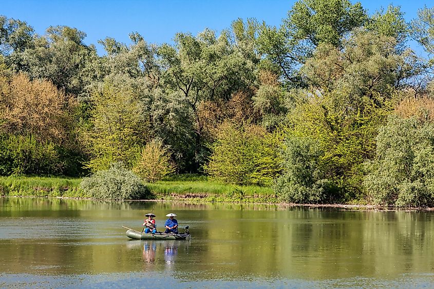 People fishing in the Kuban River.