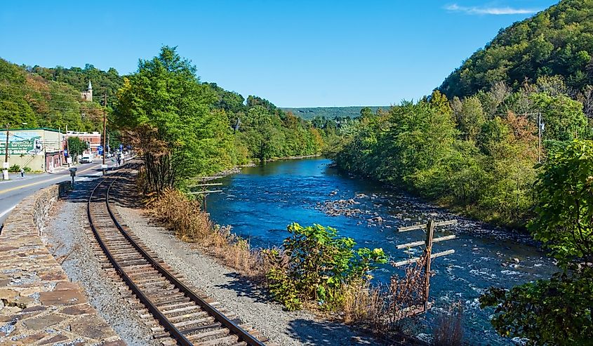 Railroad tracks along the Lehigh River lead into Scenic Jim Thorpe, Pennsylvania.