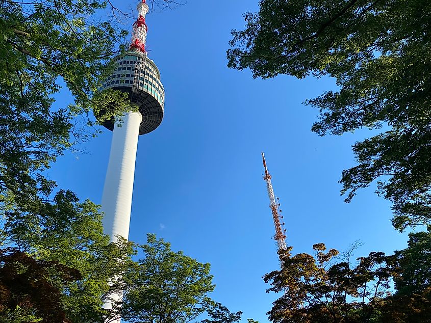 Two radio towers spike into a blue sky through the trees.