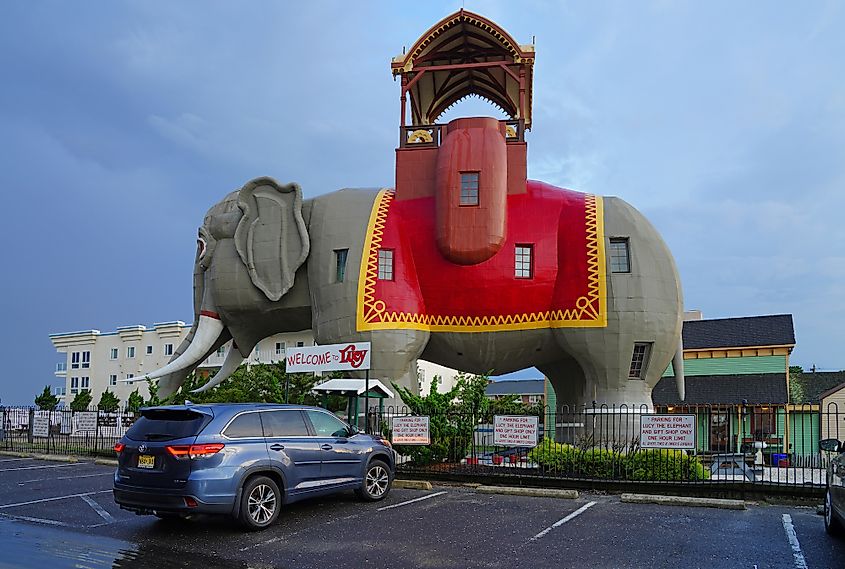 View of Lucy the Elephant, a landmark roadside tourist attraction in Margate City.