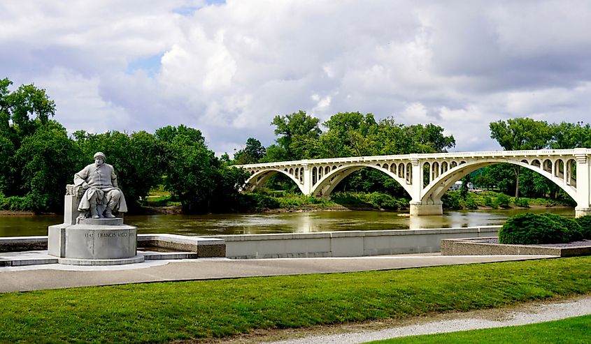 George Rogers Clark National Historical Park. Francis Vigo statue by John Angel, the Lincoln Memorial Bridge by Raoul Josset across the Wabash River bordering Illinois.