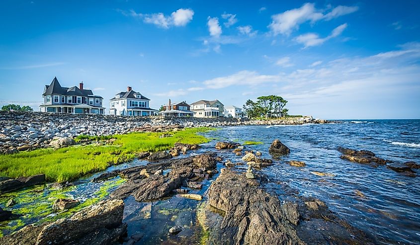 Rocky coast and beachfront homes at Concord Point, in Rye, New Hampshire.