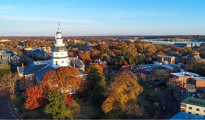Annapolis, an aerial view of the Maryland State House in downtown Annapolis during a sunny fall morning.