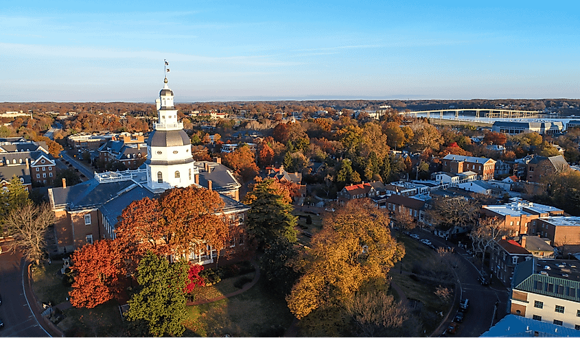 Annapolis, an aerial view of the Maryland State House in downtown Annapolis during a sunny fall morning.