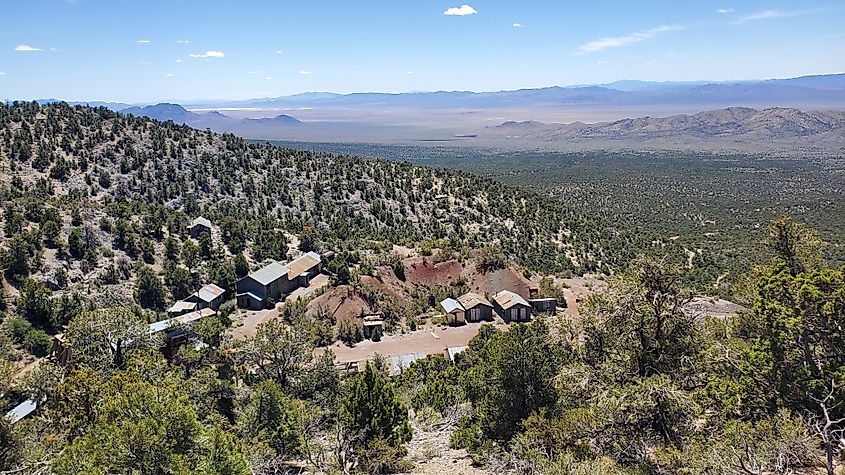 Aerial view of the historical mining town of Pioche, Nevada.