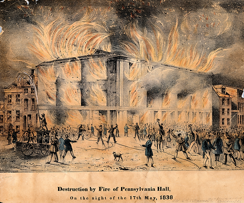 Burning of Pennsylvania Hall, home of the Pennsylvania Anti-Slavery Society. Print by John Caspar Wild. Note firemen spraying water on adjacent building.