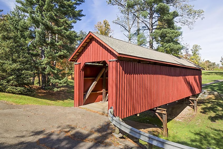 Built in 1849, the historic Armstrong Clio Covered Bridge has found a home since 1966 at a city park in Cambridge, Ohio.