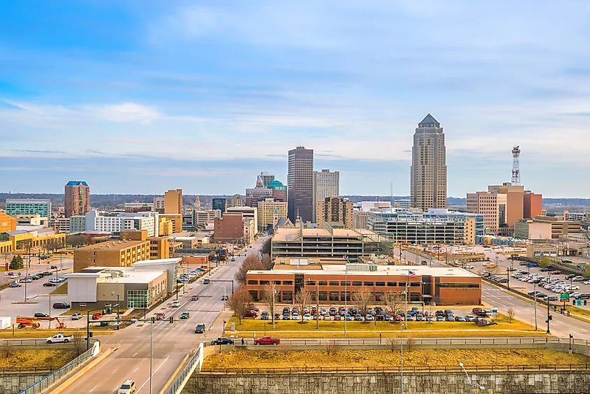 The downtown skyline of Des Moines, Iowa.