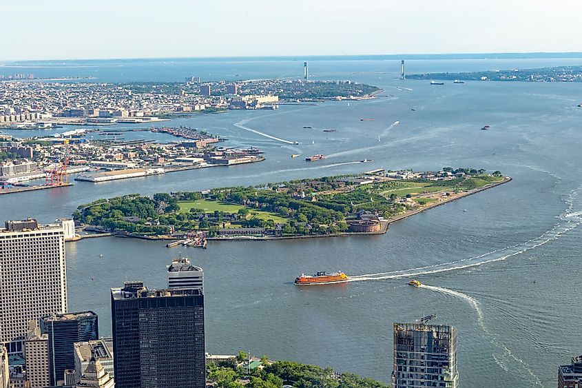 Aerial views of Governors Island and Manhattan Bay
