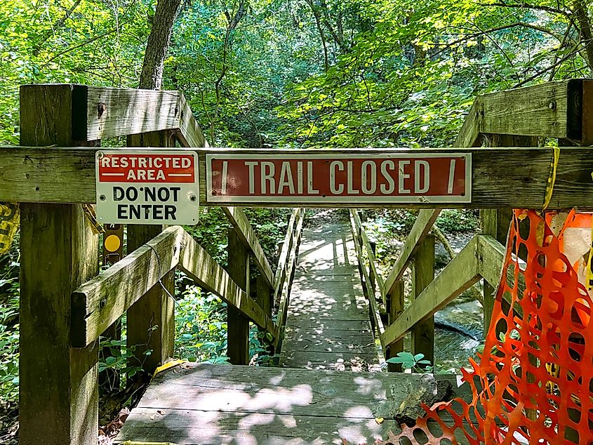 Trail closed sign posted on a footbridge along a trail in the forest.