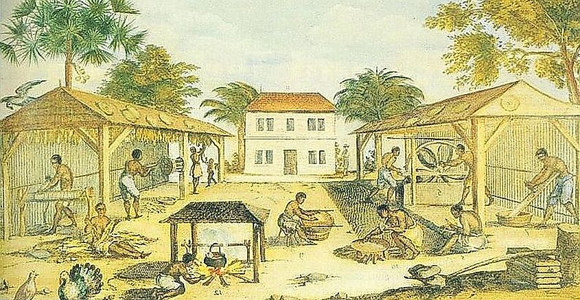 African slaves working in 17th-century Virginia, by an unknown artist, 1670.