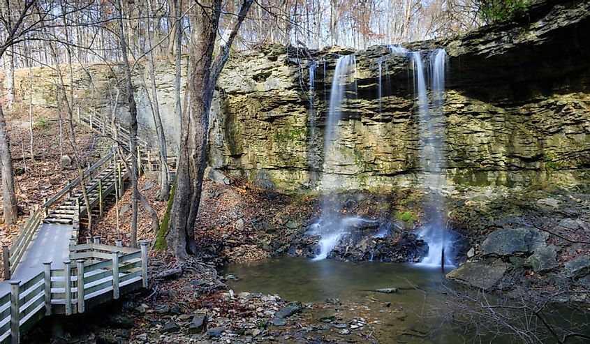 Tipp City, Ohio waterfall, path through nature.