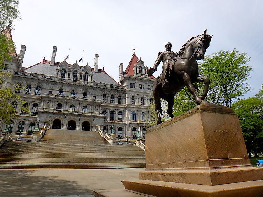 The Philip Sheridan equestrian statue outside the New York State Capitol Building in Albany