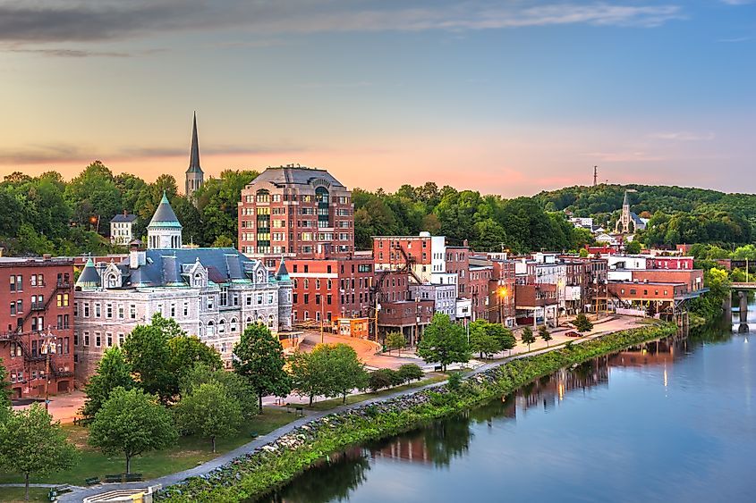 Augusta, Maine, on the Kennebec River, at dusk.