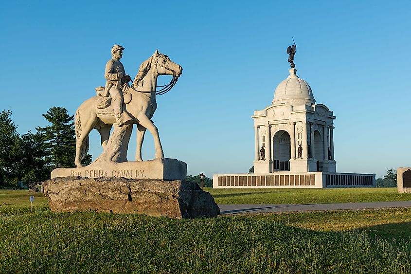 8th Pennsylvania Cavalry statue in front of Pennsylvania Memorial in the Gettysburg National Military park in Gettysburg, Pennsylvania