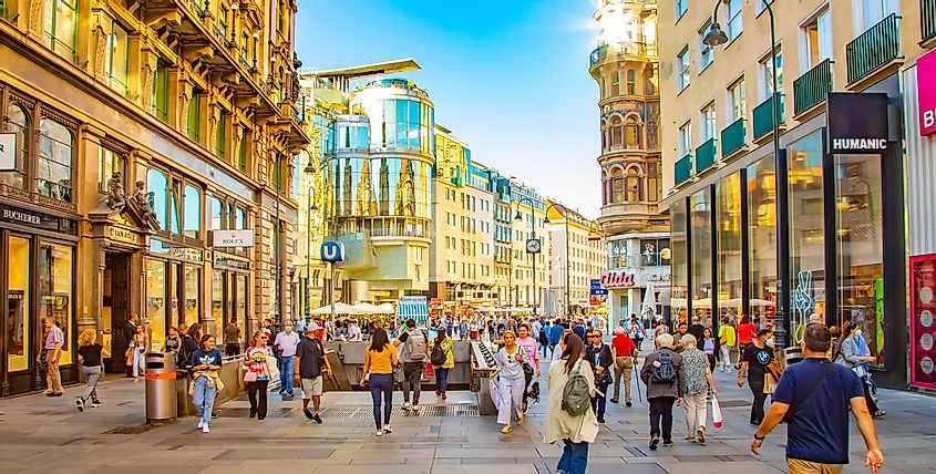 Panoramic view of central Carinthian Street (Karntner strasse) in Vienna old town, Austria, Arcady / Shutterstock.com
