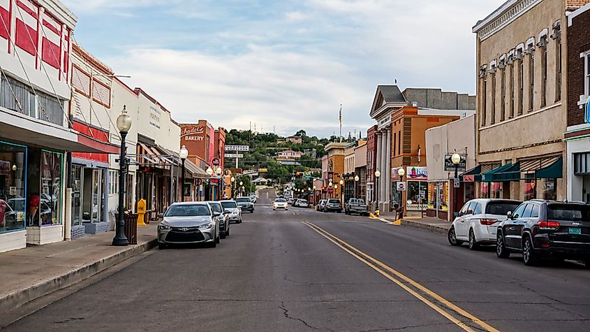 Bullard Street in downtown Silver City, looking south, a southwestern mining town with shops, stores and restaurants.