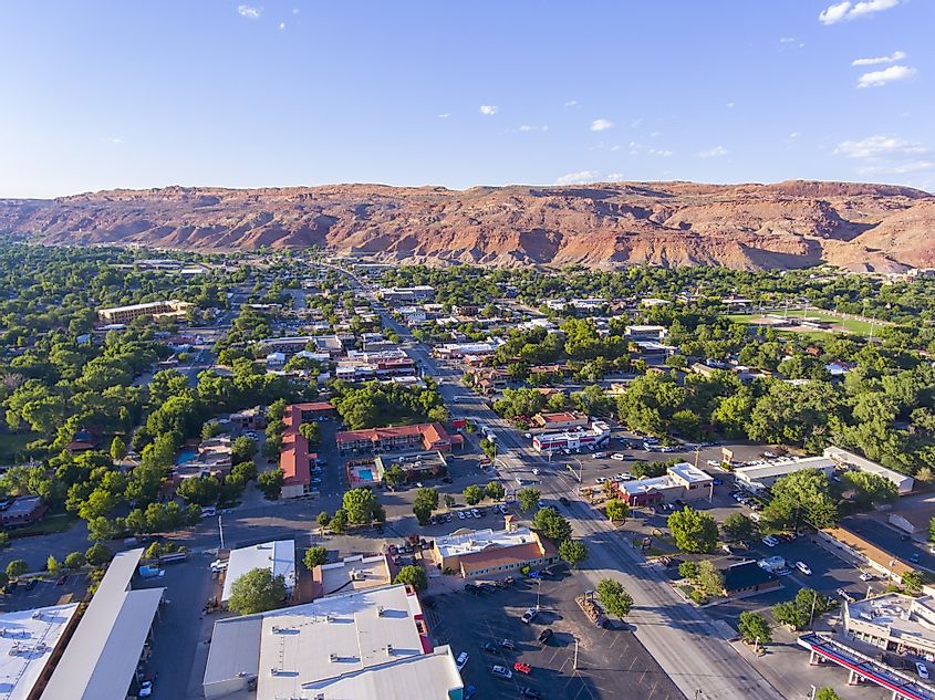 Moab city center and historic buildings aerial view in summer, Utah, USA.