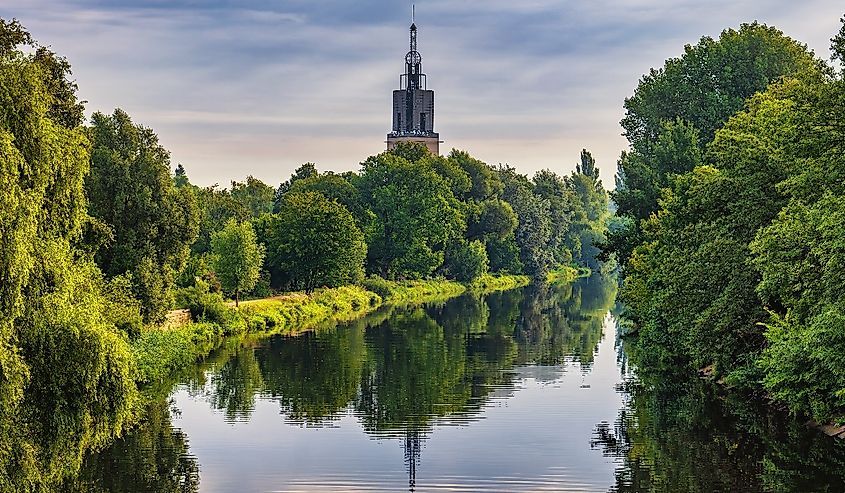 Havel River In Potsdam, Germany. Verdant forests line the river. 