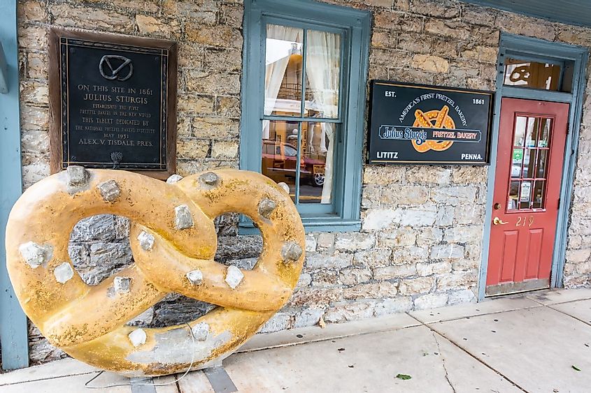 Sturgis Pretzel House on Main Street in Lititz, Pennsylvania. Founded in 1861, this is the oldest commercial pretzel bakery in the US