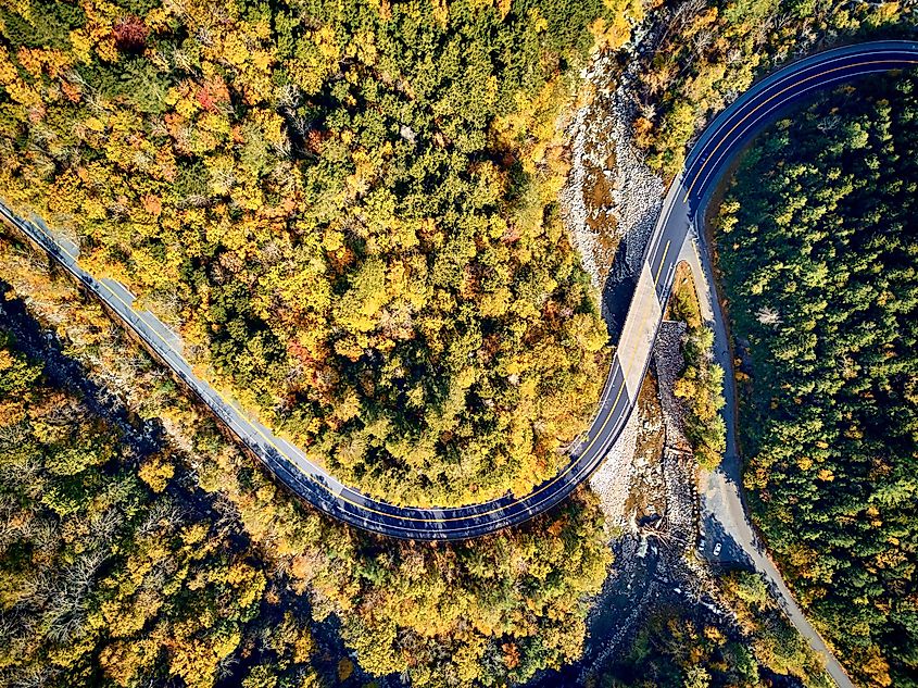 Scenic Mohawk Trail winding highway at autumn, Massachusetts