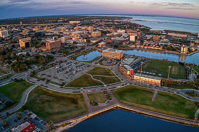 Aerial View of Pensacola Florida during Sunset