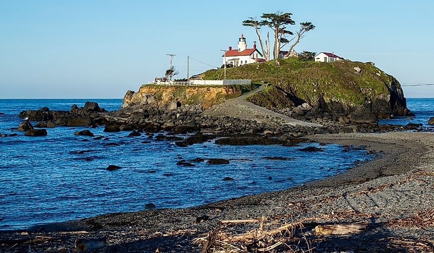 Battery Point Lighthouse in Crescent City, California, USA, during a low tide, in the early morning