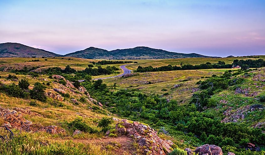 Oklahoma landscape at sunset. Wichita Mountain Wildlife Preserve, Lawton, Oklahoma, United States.