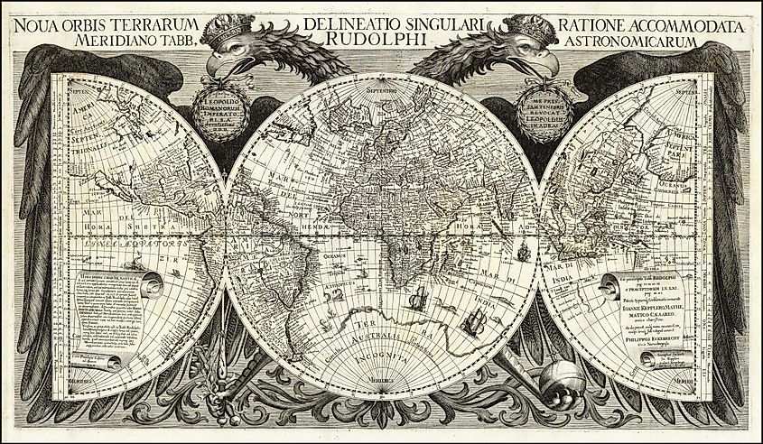 World map from Johannes Kepler's Rudolphine Tables (1627), incorporating many of the new discoveries.