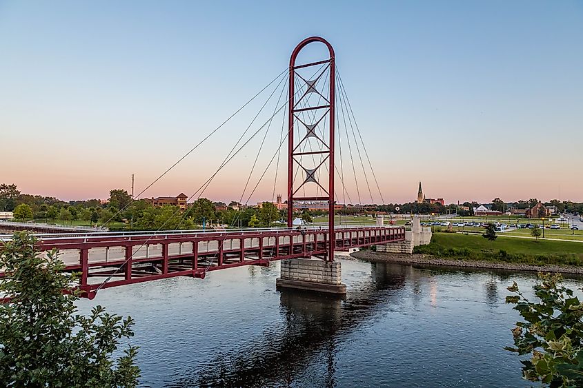 Beautiful riverwalk in Mishawaka, Indiana, at sunset.
