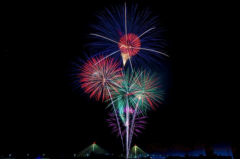 Alton, Illinois, fireworks over the Lewis and Clark Bridge.