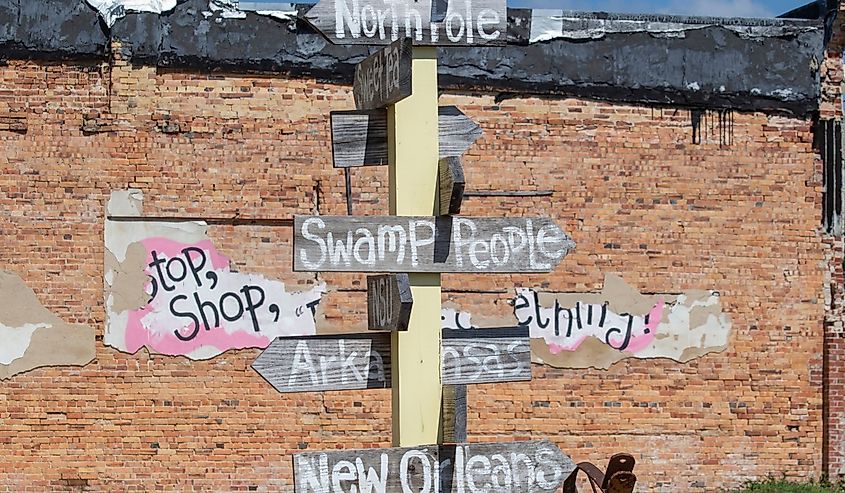 Sign pointing toward landmarks in Louisiana in Winnfield