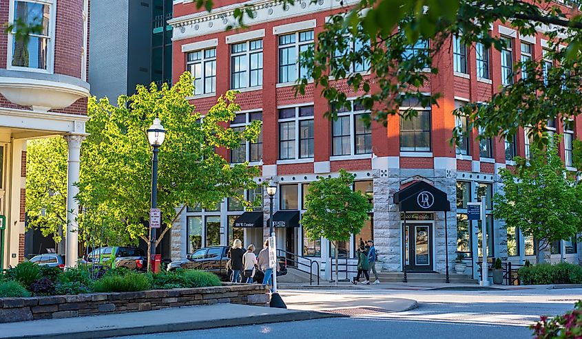 Building Facade view, historical square downtown Fayetteville, Northwest Arkansas