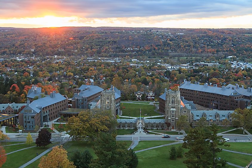 Aerial view of Ithaca, New York, in fall