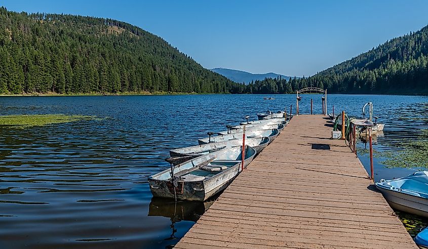 Boats on the dock at Mirror Lake, Sagle, Idaho.