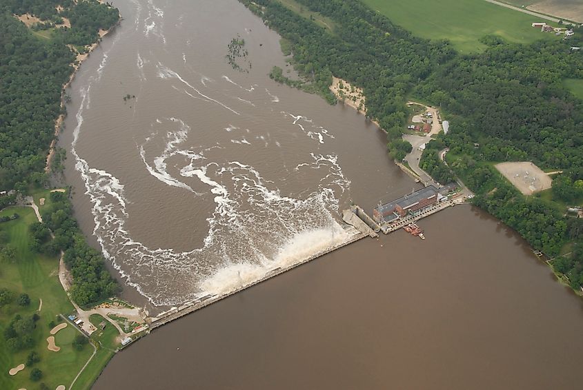 Aerial view of the Prairie du Sac Dam, which impounds Lake Wisconsin, taken during the June 2008 flood.