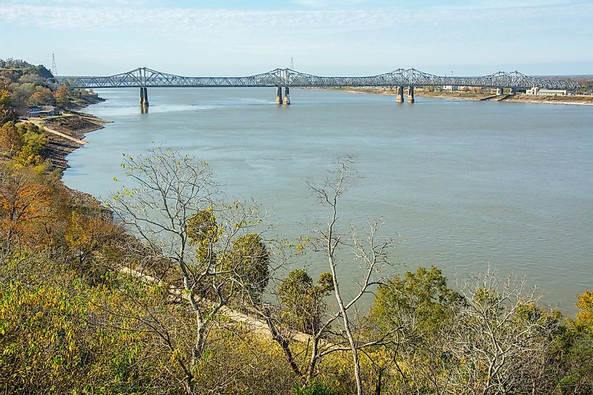 The Natchez–Vidalia Bridge over the Mississippi River seen from the Under The Hill district in Natchez, Mississippi.