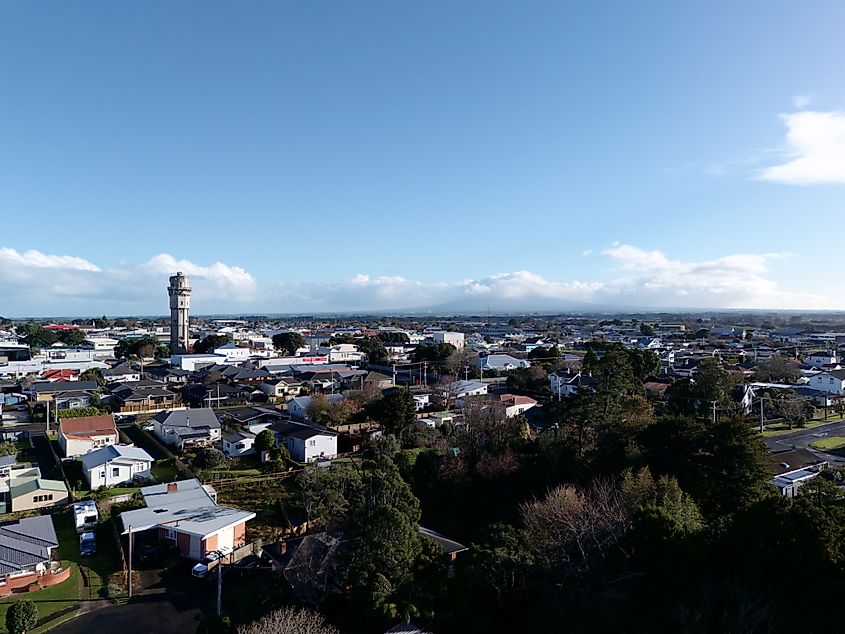 Aerial view of Hāwera in South Taranaki, showing the town layout with surrounding farmland and distant hills
