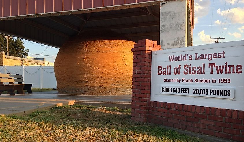 The world's largest ball of sisal twine sits proudly under a protective canopy in Cawker City, Kansas.
