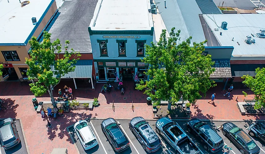 View of businesses along the main street and square in downtown Dahlonega, Georgia.