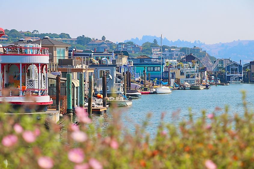 Boathouses in Sausalito, California.