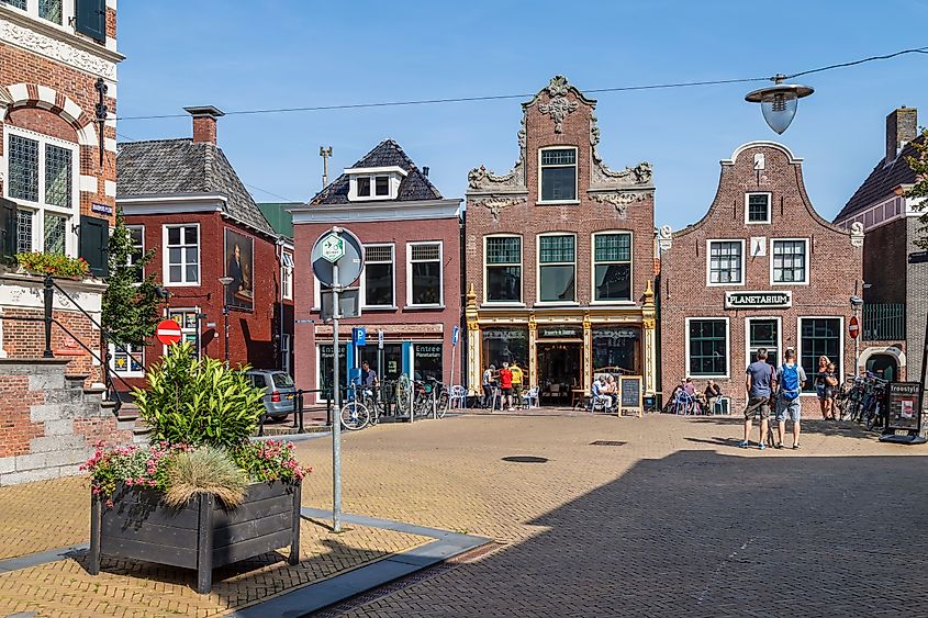 Town Hall Square with monumental houses in the center of the Frisian town of Franeker