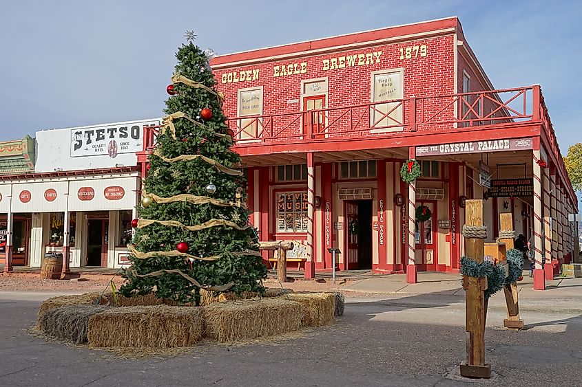December 9, 2015 Tombstone, Arizona, USA: Christmas tree set up  on the main street of the historic western town founded in 1879