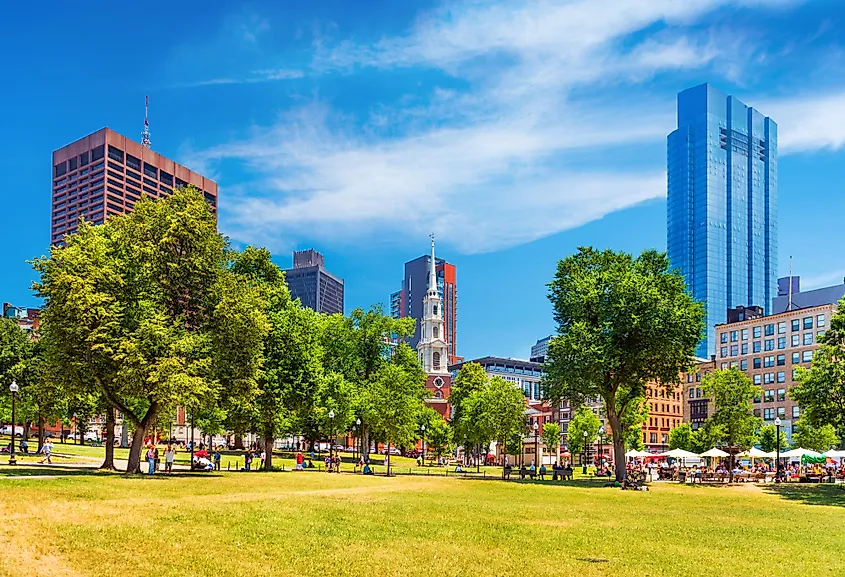 A view of Boston Common, the public park in downtown Boston, Massachusetts