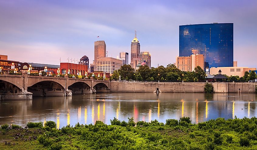 Indianapolis skyline and the White River at sunset